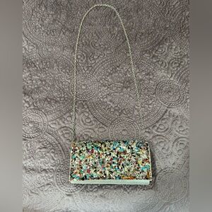 Jessica McClintock Evening Bag Silver with Beading,Stones, sequins chain strap
